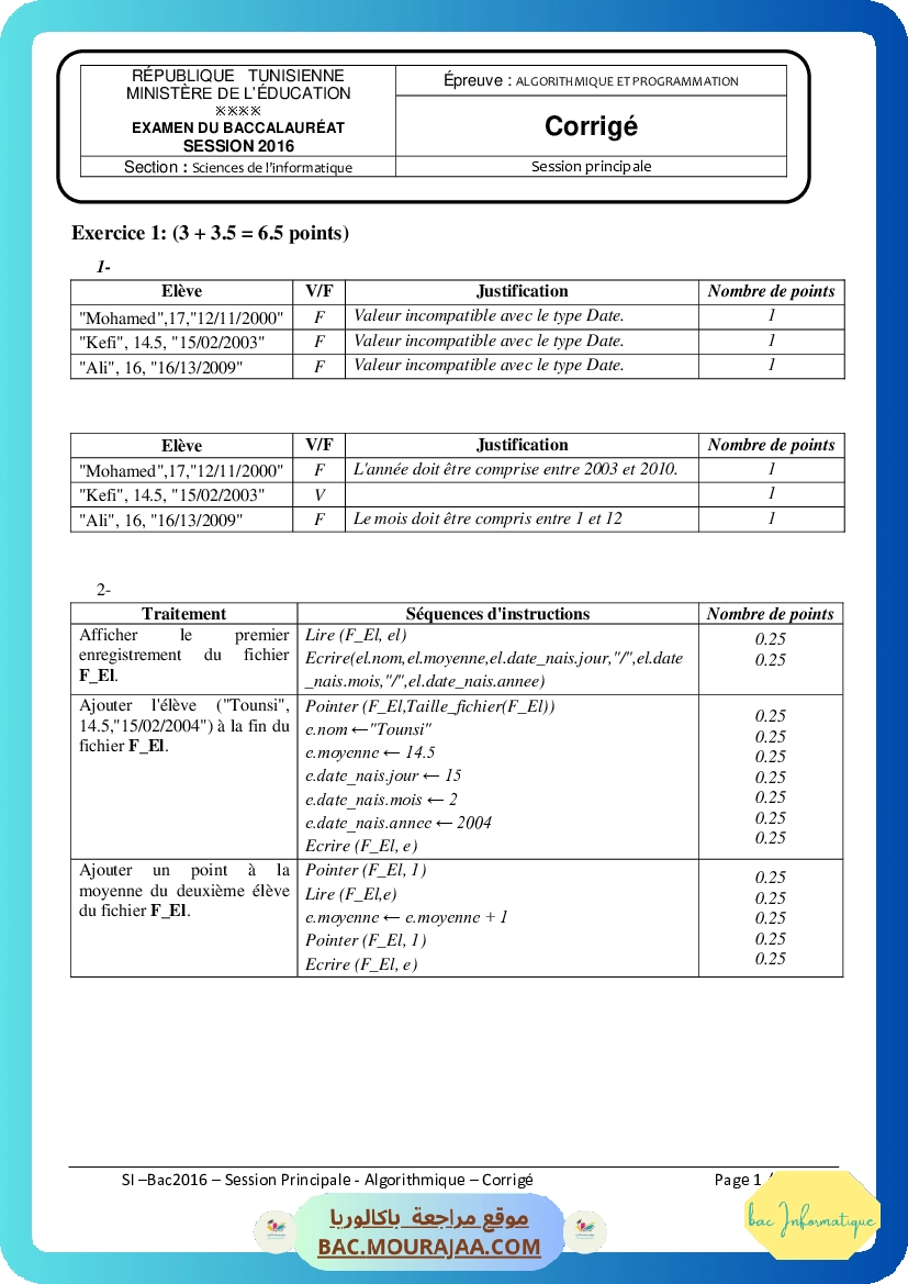 Corrigé principale algorithme Bac 2016 – Section info